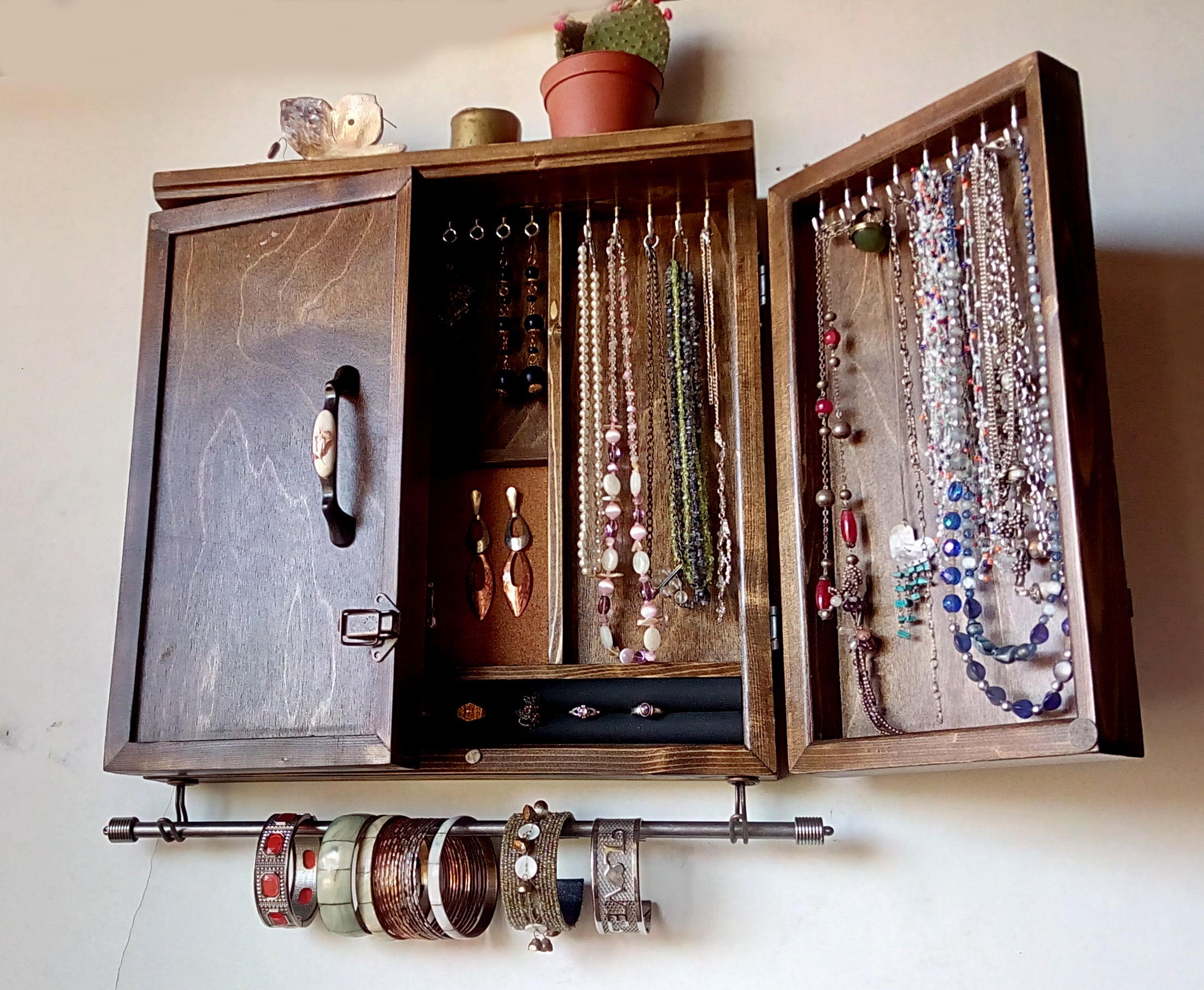 Jewelry Cabinet. Large Earrings Closet With Shelf. Dark WALNUT Wooden Wall  Mounted Earring Organizer. 