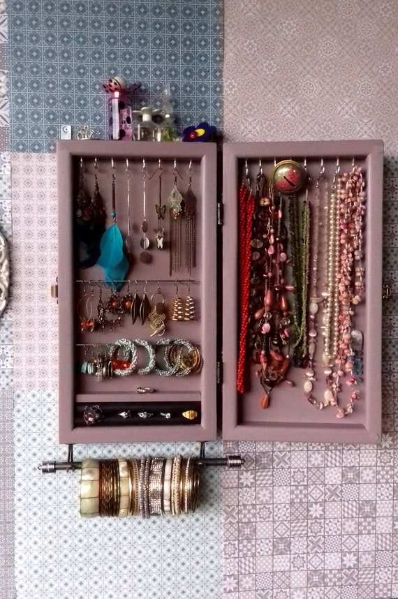 Jewelry Cabinet. WHITE Jewelry Storage.wooden Wall Mounted Earring Organizer.  Earrings Storage. Holder. 