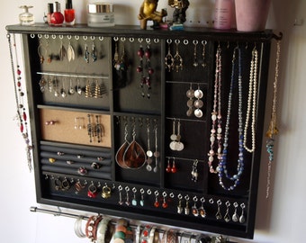 Jewelry organizer. Large BLACK jewelry storage. Wooden wall mount earring holder. earrings storage.