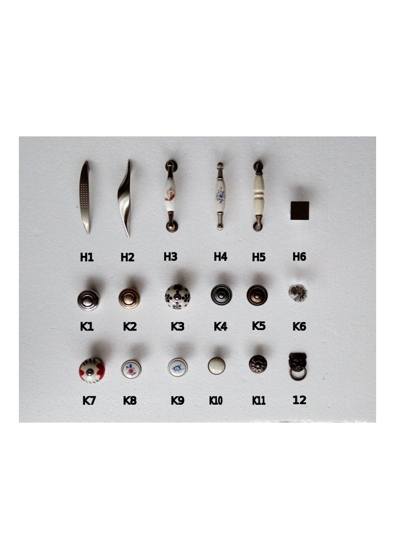 May include: Assortment of cabinet hardware, including pulls and knobs. The pulls are made of metal and have a variety of finishes, including silver, gold, and black. The knobs are made of ceramic and have a variety of designs, including floral, geometric, and abstract.