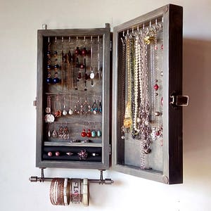 Jewelry cabinet. Armoire . Earring holder. Vintage GRAY jewelry storage.Wooden wall mounted earring organizer. earrings storage.