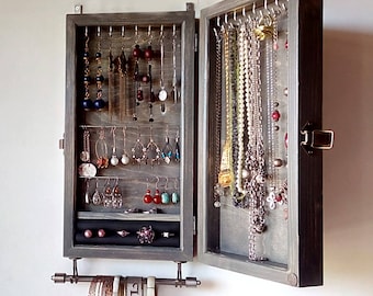 Jewelry cabinet. Armoire . Earring holder. Vintage GRAY jewelry storage.Wooden wall mounted earring organizer. earrings storage.