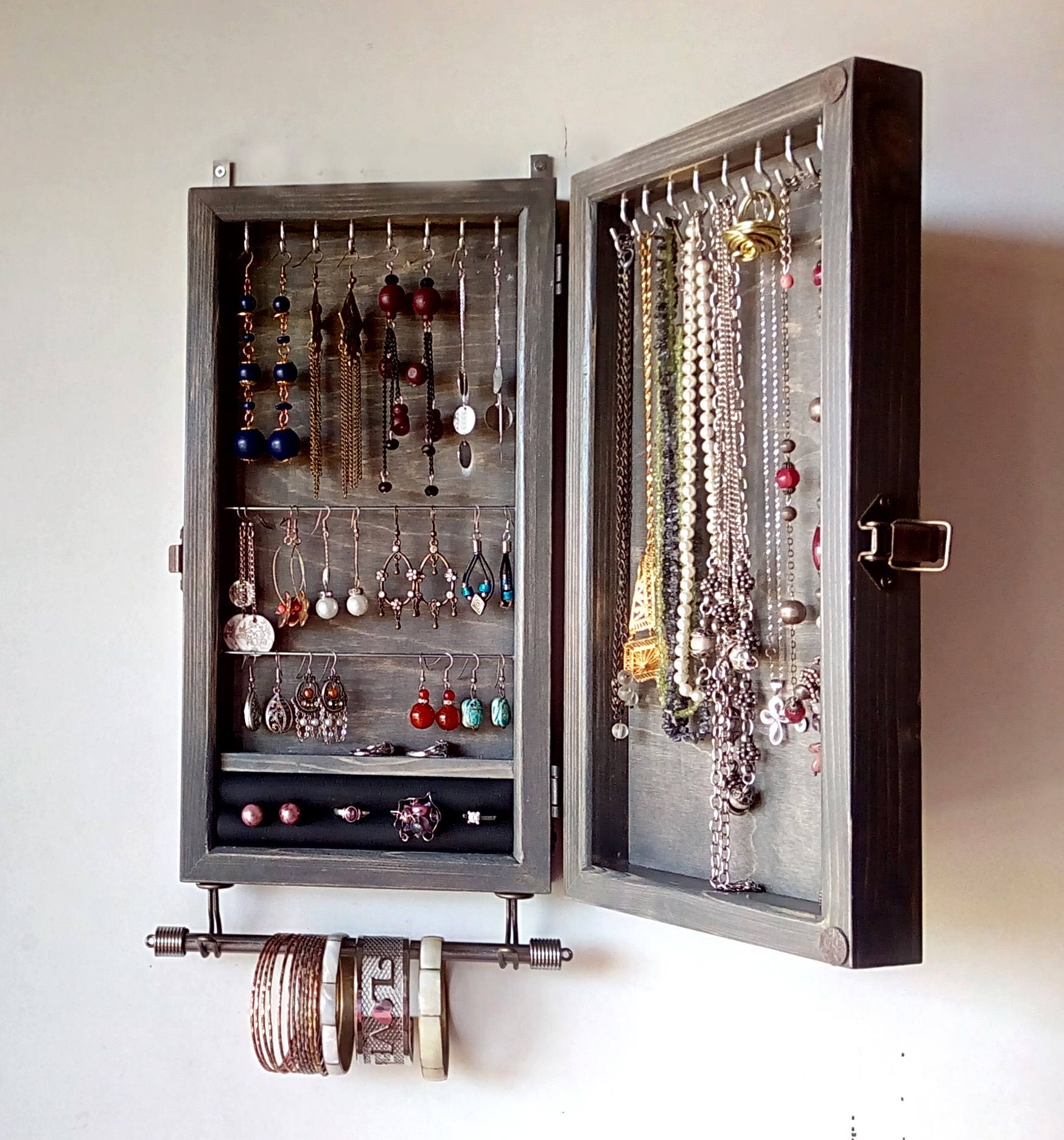 Jewelry Cabinet. Armoire . Earring Holder. Vintage GRAY Jewelry  Storage.wooden Wall Mounted Earring Organizer. Earrings Storage. 