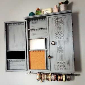 Jewelry cabinet/ ARMOIRE/ ICE GRAY distressed/ jewelry organizer/ Wooden wall mounted organizer/ earrings display /earrings storage/rack
