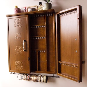 Jewelry cabinet/ Armoire/ Large earrings closet with shelf/TEAK stain Wooden wall mounted earring organizer/ jewelry display/earring rack