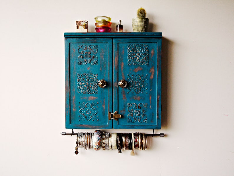 Jewelry cabinet/Armoire/Jewelry organizer/earrings storage/jewelry storage/earrings display/wooden display/wall mounted display/turquoise image 3