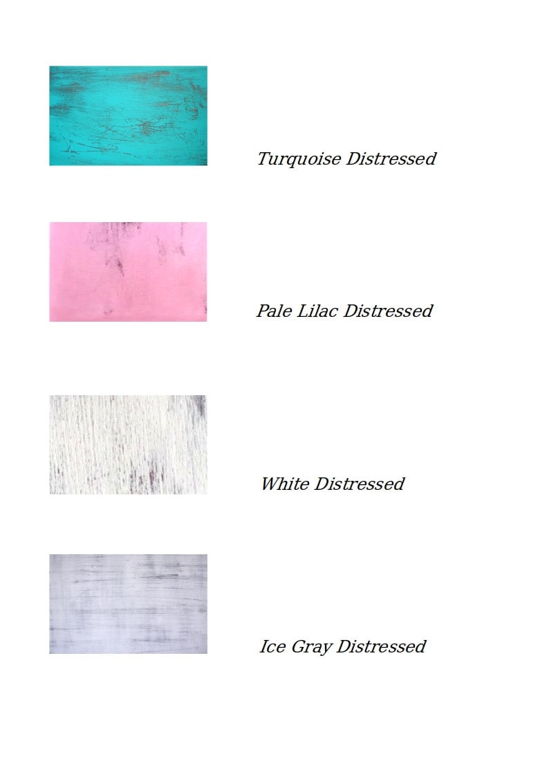 May include: Four wood samples showing different distressed paint colors: turquoise, pale lilac, white, and ice gray.