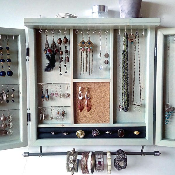 Jewelry cabinet. earrings closet with shelf. Wooden wall mounted earring organizer. Jewelry armoire.