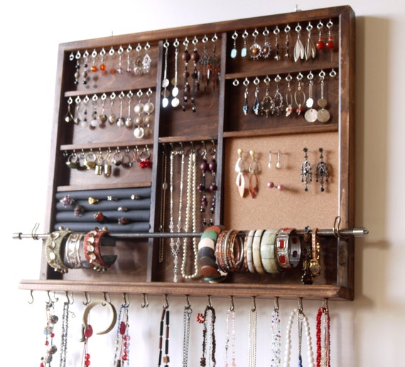 Jewelry Cabinet. Large Earrings Closet With Shelf. Dark WALNUT Wooden Wall  Mounted Earring Organizer. 