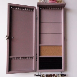Jewelry cabinet/ Armoire / Earring display/ light MAUVE jewelry storage/Wooden wall mounted earring organizer/earrings storage. jewelry case