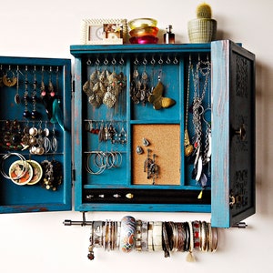Jewelry cabinet/Armoire/Jewelry organizer/earrings storage/jewelry storage/earrings display/wooden display/wall mounted display/turquoise image 6