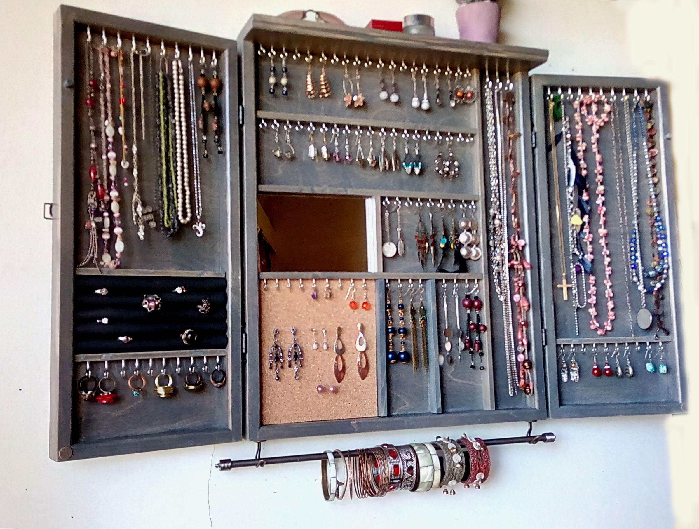Jewelry Cabinet Large Earrings Closet With Shelf GRAY Stain Etsy