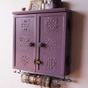 Jewelry cabinet/earrings holder with shelf/ Armoire/ PURPLE  jewelry storage /Wooden wall earrings storage. Earring organizer/ jewelry case
