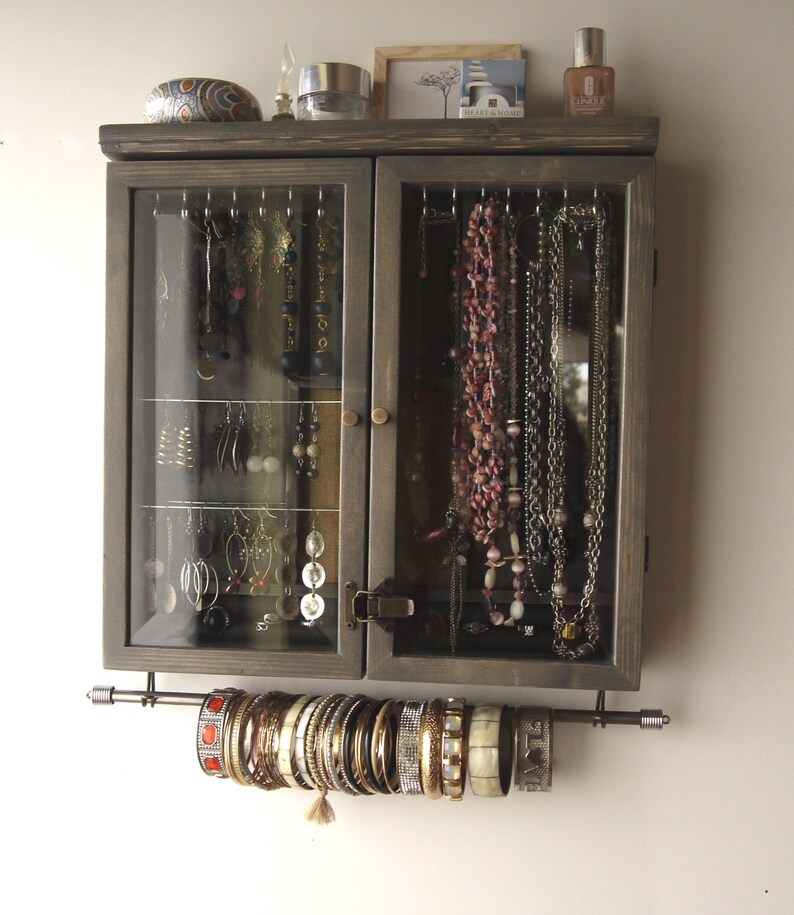 Jewelry Cabinet Wall Mount Earring Storage With Glass Doors Etsy