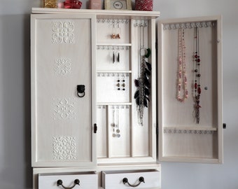 Jewelry cabinet with drawers/ Armoire/ Earrings storage/jewelry display/earrings display/ earrings cabinet/jewelry drawer/wooden /wall mount