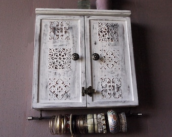 Jewelry cabinet. WHITE distressed jewelry case. Wooden wall mounted Jewelry display. Armoire. jewellery organizer. Chalk paint case.