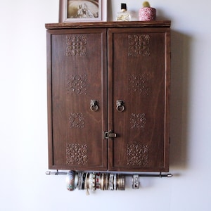 Jewelry cabinet/ Armoire/ Large earrings closet with shelf/Dark WALNUT Wooden wall mounted earring organizer/ jewelry display/earring rack