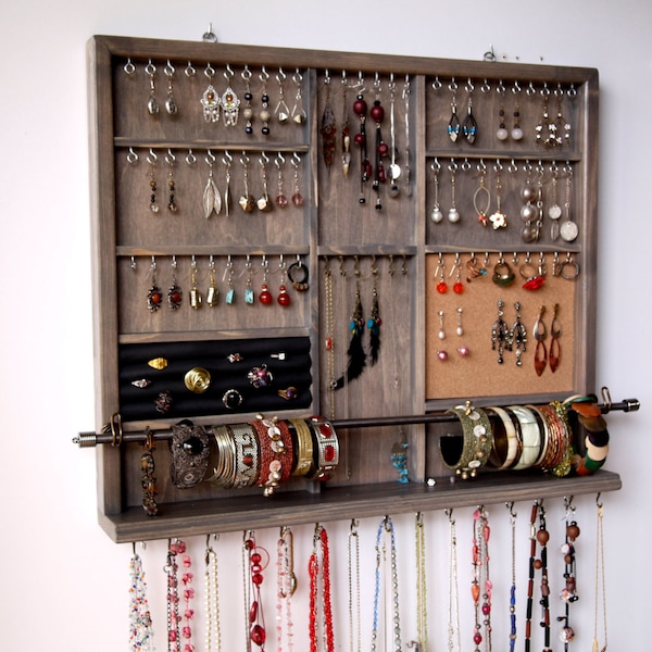 Jewelry display. Large earrings display GRAY stain jewelry storage. wall mounted  jewelry organizer.