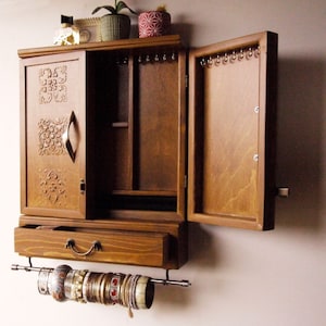 Jewelry cabinet.earrings cabinet with drawer/shelf/ Armoire/TEAK STAIN/ jewelry storage/Wooden wall mounted earrings storage. Jewelry drawer