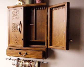 Jewelry cabinet.earrings cabinet with drawer/shelf/ Armoire/TEAK STAIN/ jewelry storage/Wooden wall mounted earrings storage. Jewelry drawer