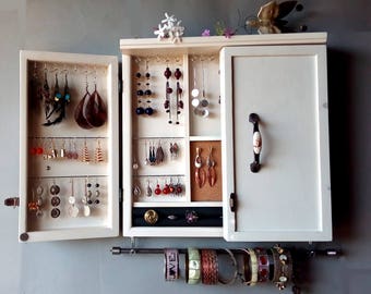 Jewelry Organizer. Large Earrings Display. TEAK Stain Jewelry