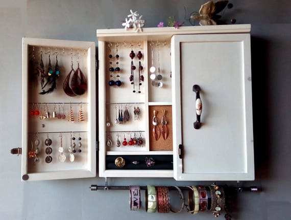 Jewelry Cabinet. WHITE Jewelry Storage.wooden Wall Mounted Earring Organizer.  Earrings Storage. Holder. 