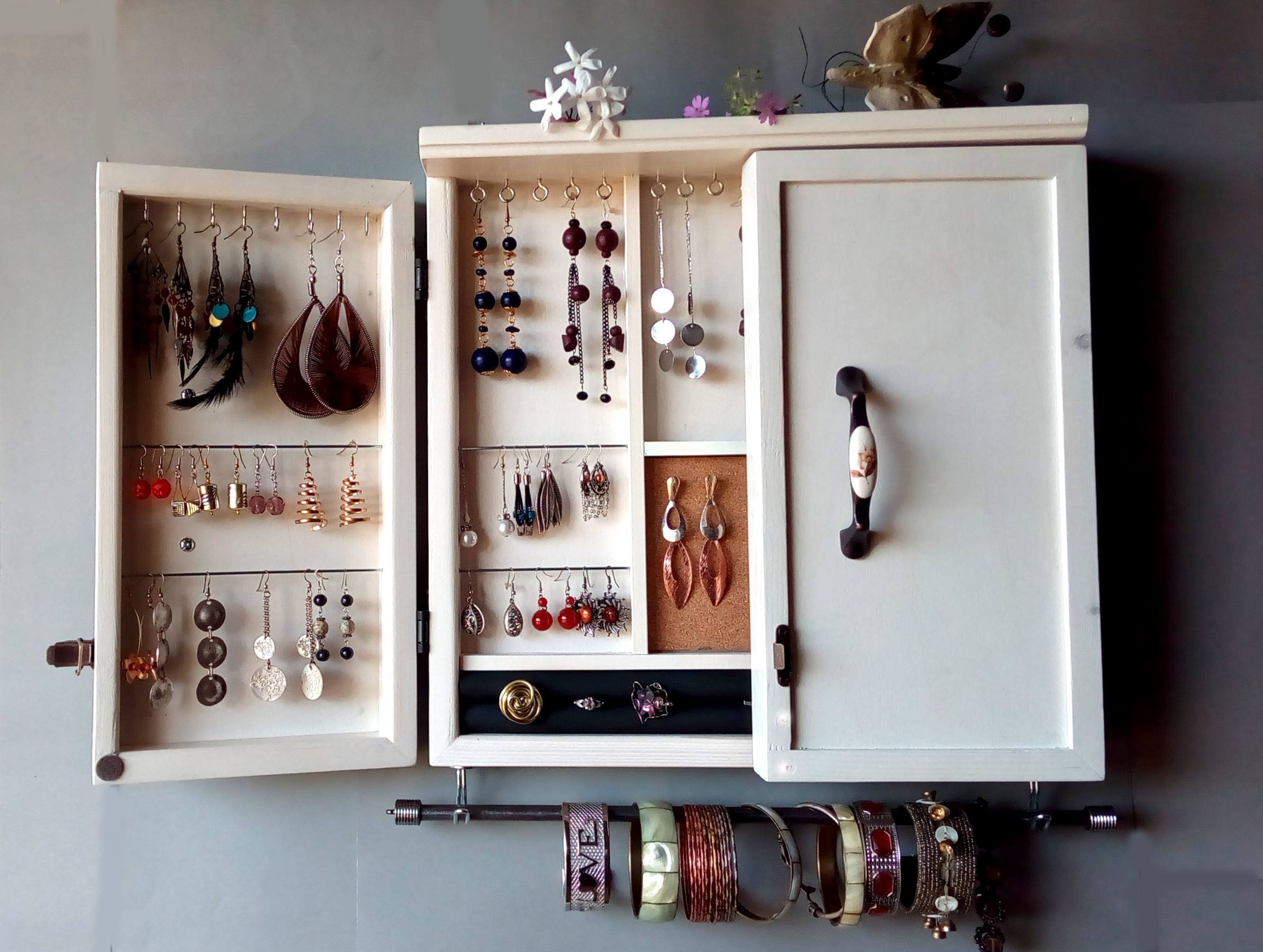 Jewelry Cabinet. WHITE Jewelry Storage.wooden Wall Mounted Earring  Organizer. Earrings Storage. Holder. 