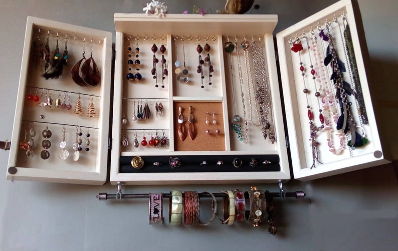 Jewelry cabinet. WHITE jewelry storage/wooden wall mounted earring organizer/earrings storage/Armoire bijoux/ jewelry display/jewellery case image 3