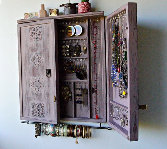 Jewelry Cabinet/ Distressed Jewelry Organizer/ Wooden Mounted