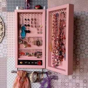 Jewelry cabinet. Armoire. DUSTY PINK earring case. Vintage closet.jewelry storage.Wooden wall mounted earring organizer. earrings storage.