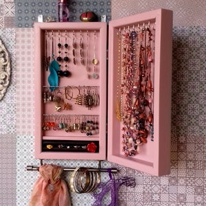 Jewelry cabinet. Armoire. DUSTY PINK earring case. Vintage closet.jewelry storage.Wooden wall mounted earring organizer. earrings storage.