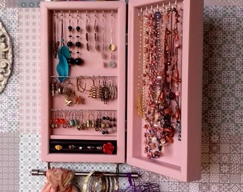 Jewelry cabinet. Armoire. DUSTY PINK earring case. Vintage closet.jewelry storage.Wooden wall mounted earring organizer. earrings storage.