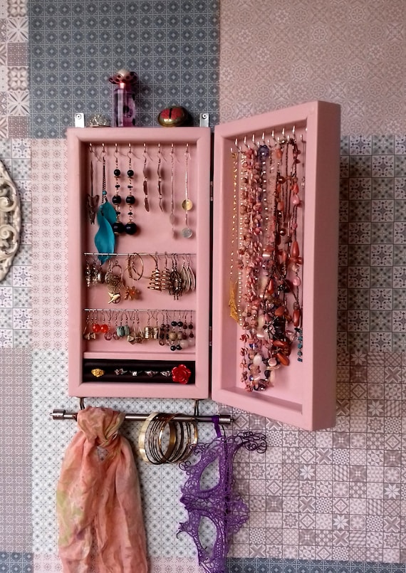 Jewelry Cabinet. Armoire. DUSTY PINK Earring Case. Vintage Closet.jewelry  Storage.wooden Wall Mounted Earring Organizer. Earrings Storage. 