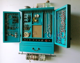 Jewelry cabinet.earrings holder with drawer /shelf/ Armoire/ jewelry storage/Wooden wall mounted earrings storage. Jewelry drawer