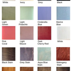 May include: A chart of 16 different paint colors and wood stains. The colors include white, ivory, grey, black, light green, light pistachio, Cinderella blue, marine blue, pink coral, light mauve, dark cherry red, and white. The wood stains include black stain, grey stain, aqua blue stain, mahogany stain, teak stain, dark walnut stain, light walnut stain, and black stain.
