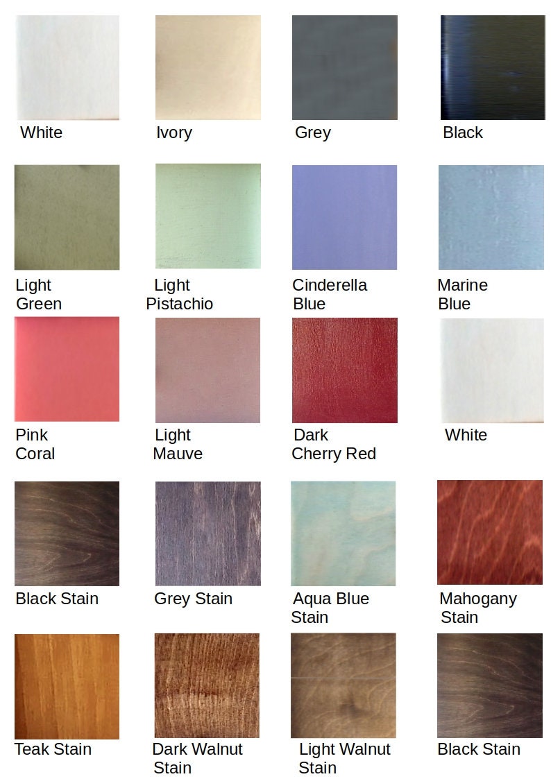 May include: A chart of 16 different paint colors and wood stains. The colors include white, ivory, grey, black, light green, light pistachio, Cinderella blue, marine blue, pink coral, light mauve, dark cherry red, and white. The wood stains include black stain, grey stain, aqua blue stain, mahogany stain, teak stain, dark walnut stain, light walnut stain, and black stain.