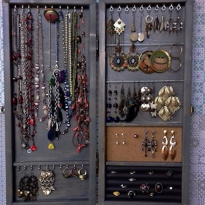 Jewelry cabinet. Armoire/ Earring holder/Vertical/ GRAY jewelry storage.Wooden wall mounted earring organizer. earrings storage. jewelry box