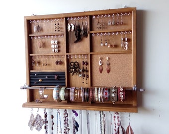 Jewelry organizer. Large earrings display. TEAK stain jewelry storage. wall mounted earring holder. Wooden display/earring storage/gift