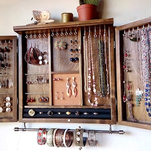 Jewelry cabinet. Dark WALNUT jewelry storage. wall mounted earring organizer. Jewelry armoire