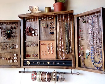 Jewelry cabinet. Dark WALNUT jewelry storage. wall mounted earring organizer. Jewelry armoire