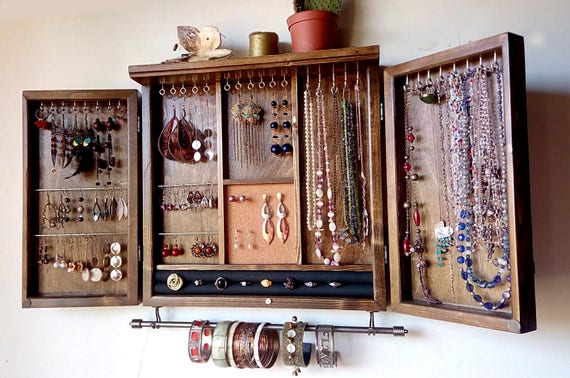 Jewelry Cabinet. Dark WALNUT Jewelry Storage. Wall Mounted Earring  Organizer. Jewelry Armoire 