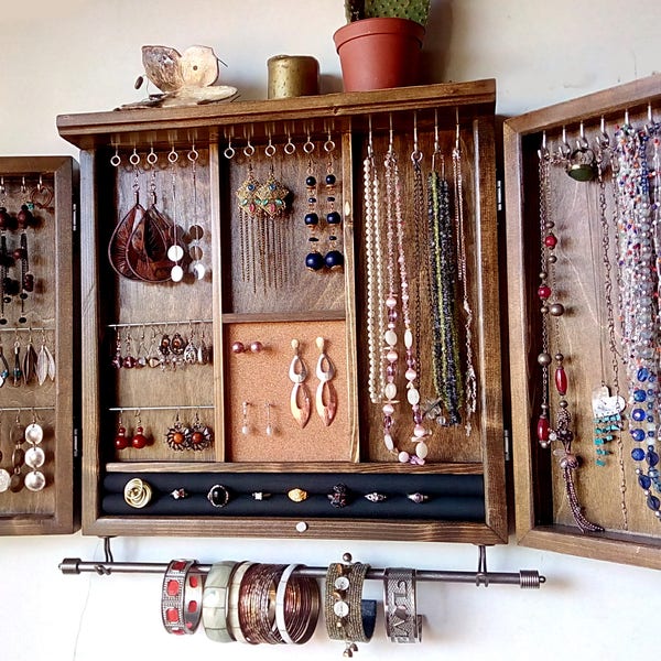 Jewelry cabinet. Dark WALNUT jewelry storage. wall mounted earring organizer. Jewelry armoire