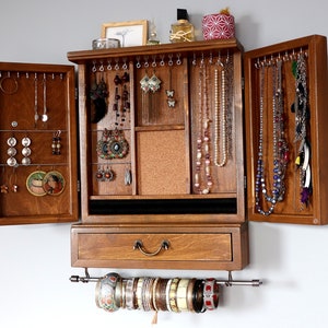 Mobiletto portagioie/portaorecchini con cassetto/color teak/armadio/contenitore per gioielli/contenitore per orecchini da parete in legno/cassetto per gioielli