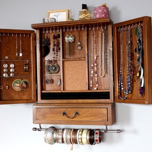 Jewelry cabinet/earrings organizer with drawer /TEAK stain/ Armoire/ jewelry storage/Wooden wall mounted earrings storage/Jewelry drawer