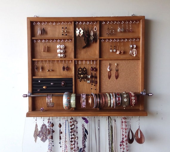 Jewelry Organizer. Large Earrings Display. TEAK Stain Jewelry Storage. Wall  Mounted Earring Holder. Wooden Display/earring Storage/gift 