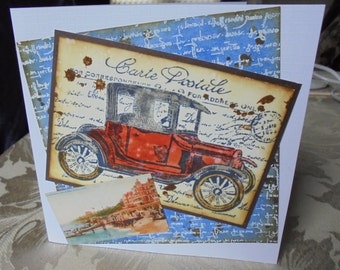 Old car card. Vintage automobile card. Antique motor car card. Driver's card. Distressed style card.