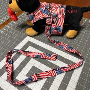 May include: A black and white plush dog wearing a red, white, and blue American flag print harness and leash. The leash is attached to the harness with a silver clip. The harness has the text "L Kisses" embroidered on it.