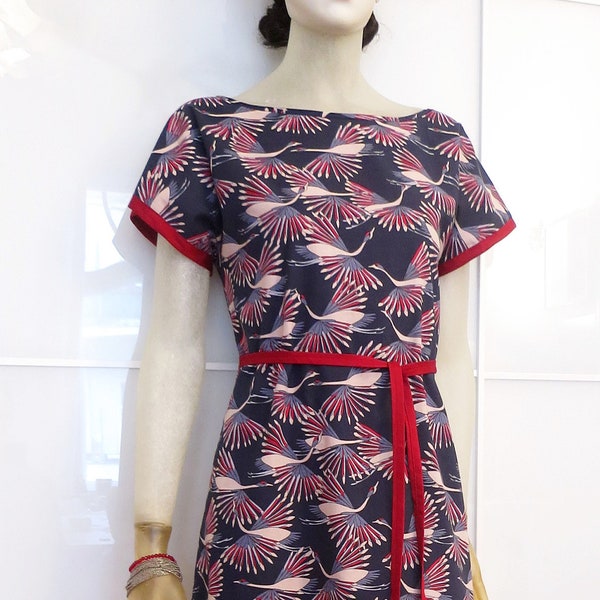 Vögel-Kleid BIO-Shiori aus blau-rot-weißer Bio-Baumwolle