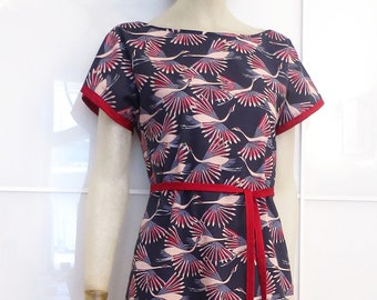 Bird dress BIO-Shiori made of blue-red-white organic cotton
