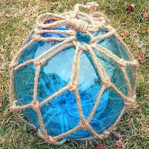 Royal Blaue Fischnetz Boje Glas Schwimmer 12&quot;~Reproduktion~Geflochten in 3 cm Hanf Gurtband~